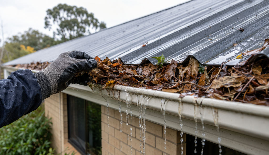 Blocked gutter overflowing with leaves during rain