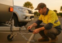 Our Top 5 Caravan Safety Tips Driver checking caravan hitch, safety chains and trailer lights before departure.
