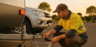 Our Top 5 Caravan Safety Tips Driver checking caravan hitch, safety chains and trailer lights before departure.