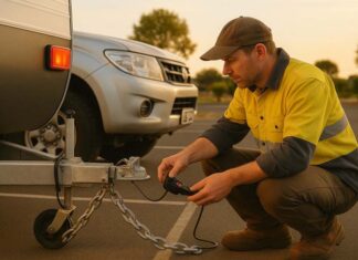 Our Top 5 Caravan Safety Tips Driver checking caravan hitch, safety chains and trailer lights before departure.