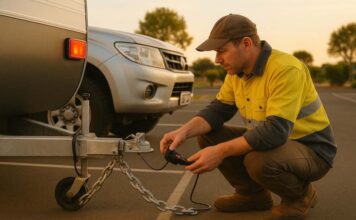 Our Top 5 Caravan Safety Tips Driver checking caravan hitch, safety chains and trailer lights before departure.