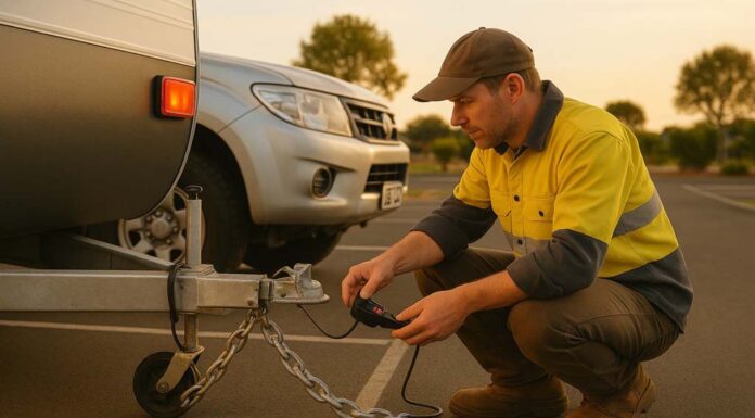 Our Top 5 Caravan Safety Tips Driver checking caravan hitch, safety chains and trailer lights before departure.