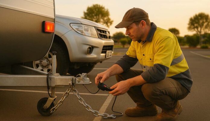 Driver checking caravan hitch, safety chains and trailer lights before departure.