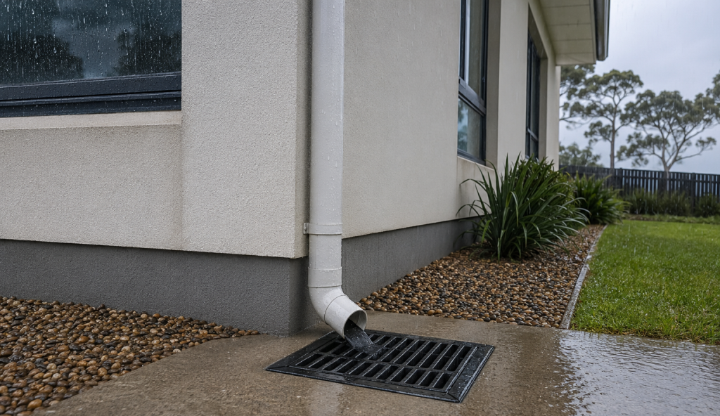 Downpipe draining water safely away from the house foundation