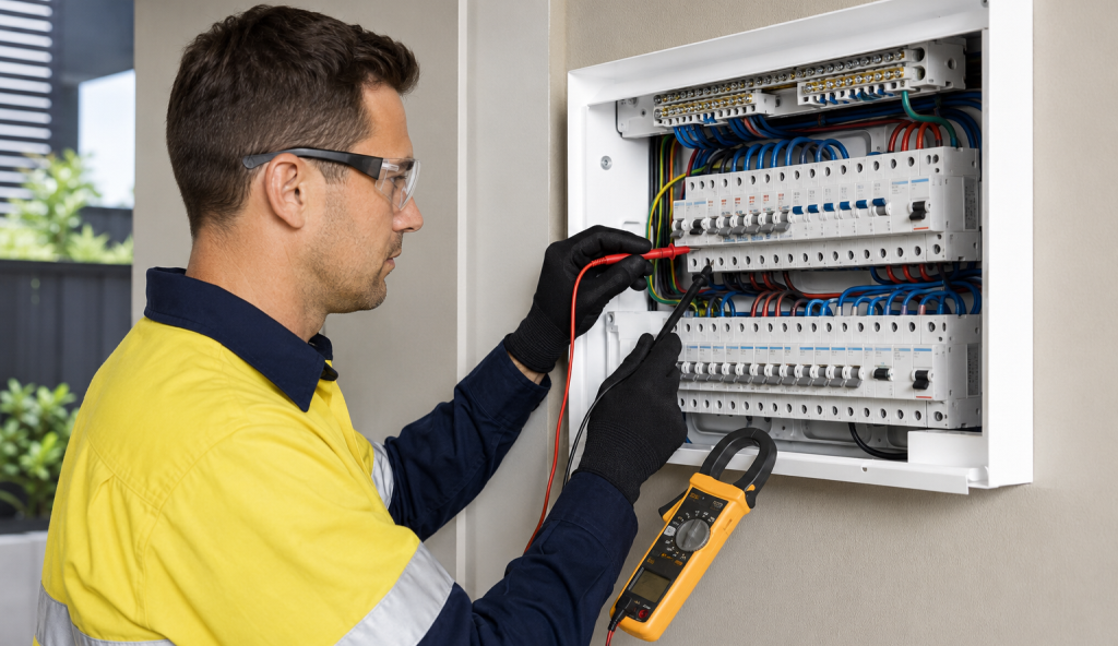 Electrician checking a home switchboard and safety switches