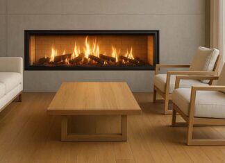 Are Inbuilt Wood Fireplaces Environmentally Friendly? Modern inbuilt wood fireplace with a sealed firebox and matched flue kit, bright clean flames visible through clear glass.