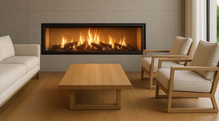 Are Inbuilt Wood Fireplaces Environmentally Friendly? Modern inbuilt wood fireplace with a sealed firebox and matched flue kit, bright clean flames visible through clear glass.
