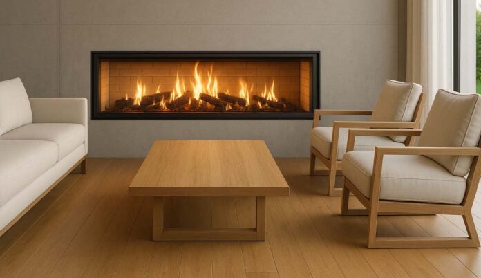 Modern inbuilt wood fireplace with a sealed firebox and matched flue kit, bright clean flames visible through clear glass.
