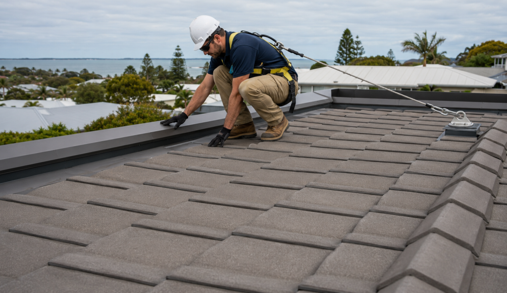 Licensed roofer inspecting roof tiles and flashing before storm season