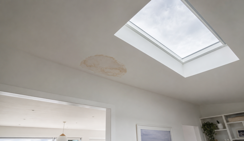 Water stain on a ceiling from a storm-season roof leak