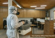 How to Keep Your Sydney Office Pest-Free Throughout the Year? Commercial pest control technician inspecting an office and sealing gaps around pipes