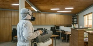 How to Keep Your Sydney Office Pest-Free Throughout the Year? Commercial pest control technician inspecting an office and sealing gaps around pipes