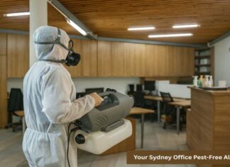 How to Keep Your Sydney Office Pest-Free Throughout the Year? Commercial pest control technician inspecting an office and sealing gaps around pipes