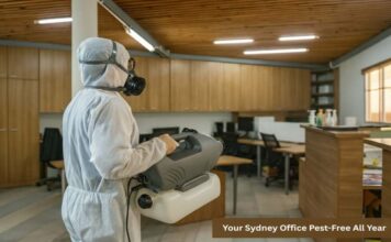 How to Keep Your Sydney Office Pest-Free Throughout the Year? Commercial pest control technician inspecting an office and sealing gaps around pipes