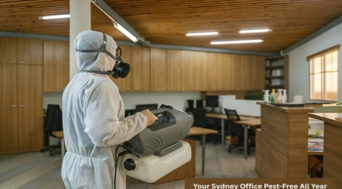 How to Keep Your Sydney Office Pest-Free Throughout the Year? Commercial pest control technician inspecting an office and sealing gaps around pipes