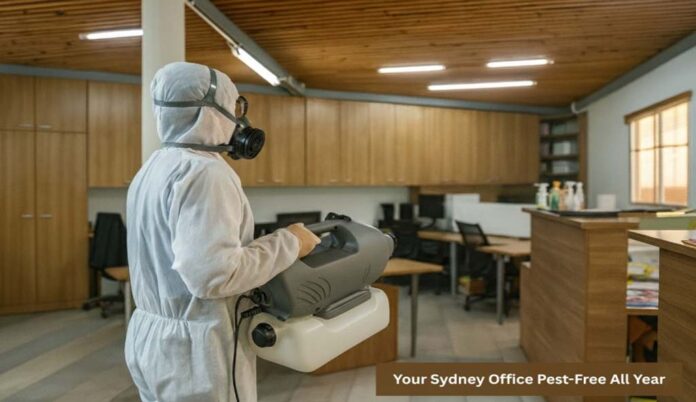 Commercial pest control technician inspecting an office and sealing gaps around pipes