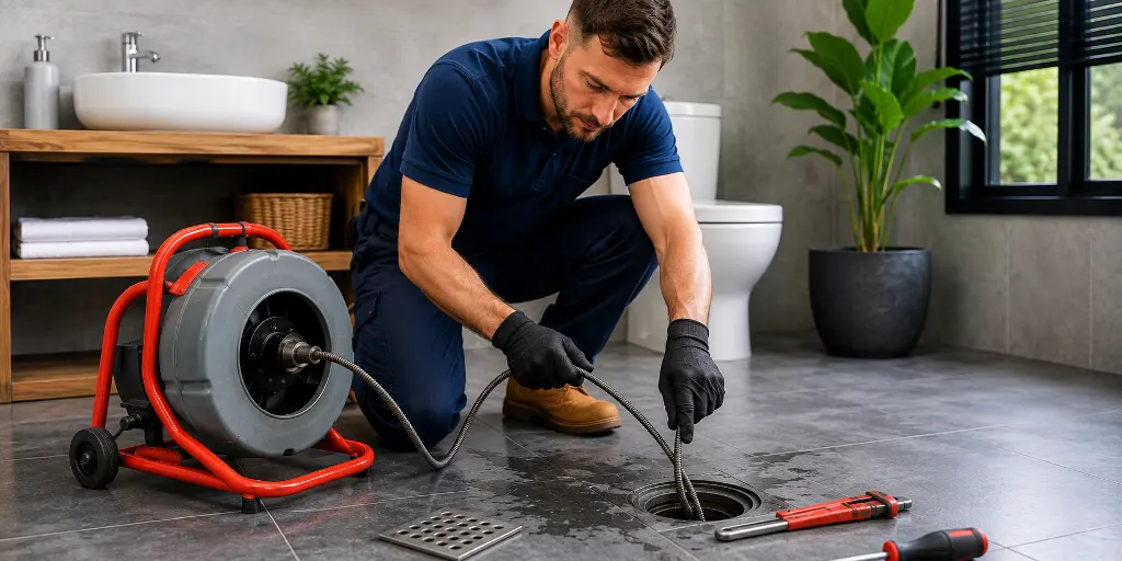 Plumber clearing a blocked bathroom floor drain with a drain auger