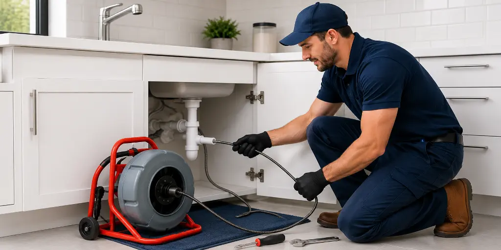 Plumber using a drain cleaning machine to clear a blocked sink drain