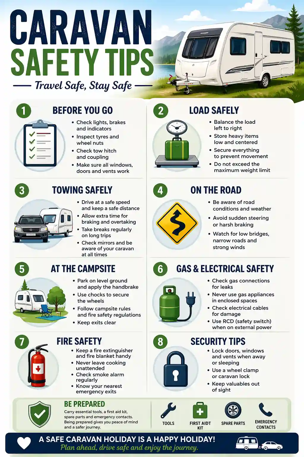 Caravan safety tips for beginners step by step, first time checklist before travel, safe caravan towing guide and driving tips