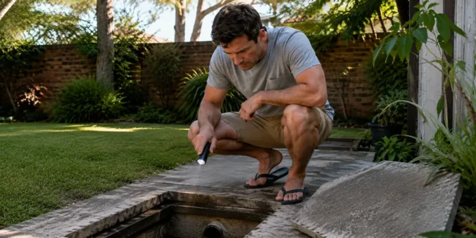 Homeowner checking an underground utility pit for a possible hidden water leak