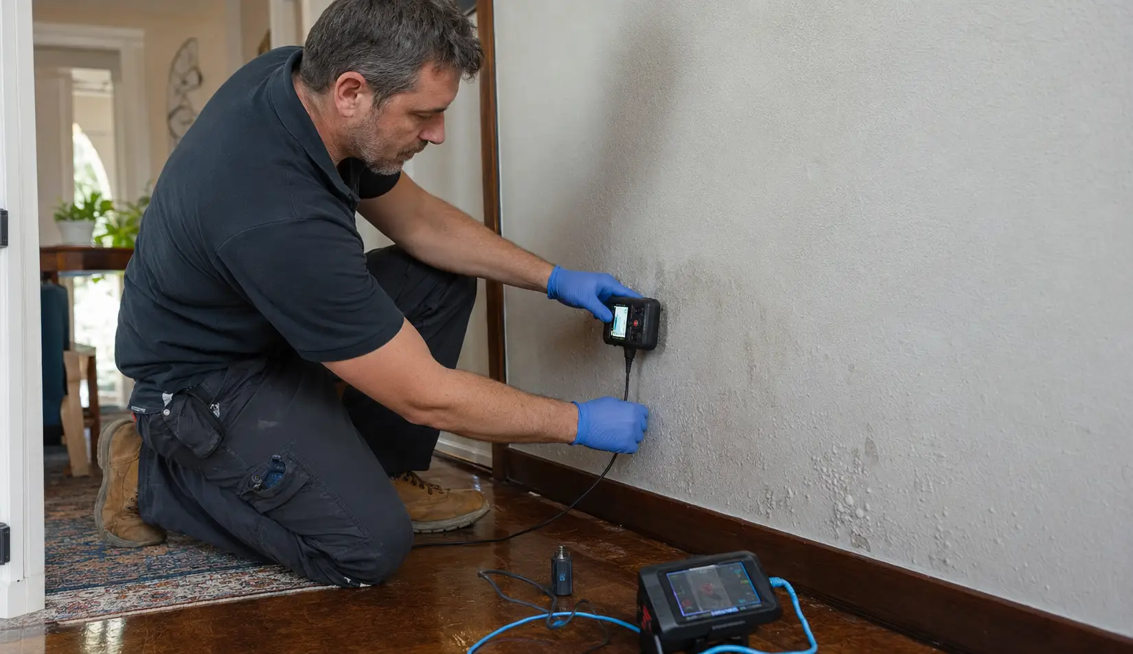 Licensed plumber using leak detection equipment to find a concealed pipe leak
