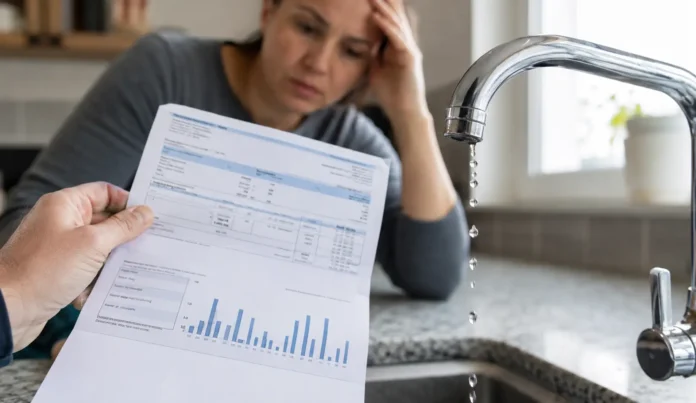high water bill causes nsw Australian homeowner checking a high water bill next to a dripping kitchen tap