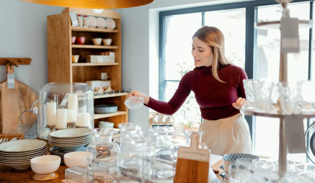 A woman with blonde hair wearing a burgundy turtleneck and beige pants browsing glassware and tableware in a well-lit home decor store with wooden shelves and large windows