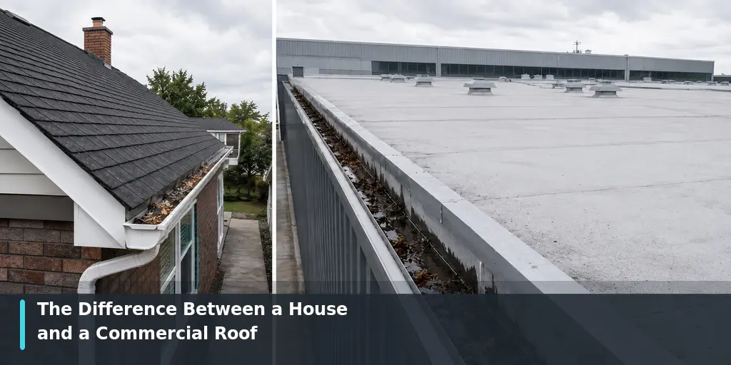 Residential house roof compared with a large commercial roof and blocked gutters