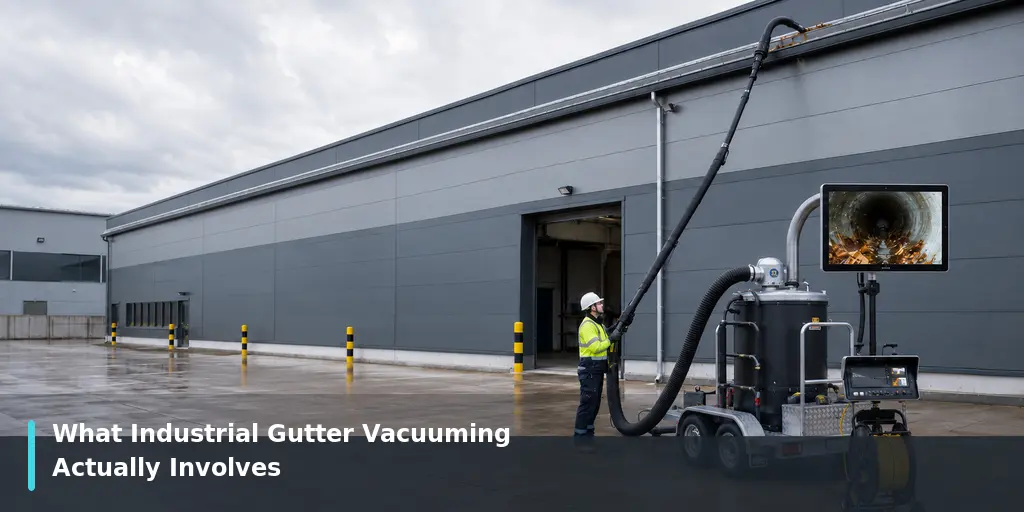 Operator using industrial gutter vacuuming equipment at a large commercial property