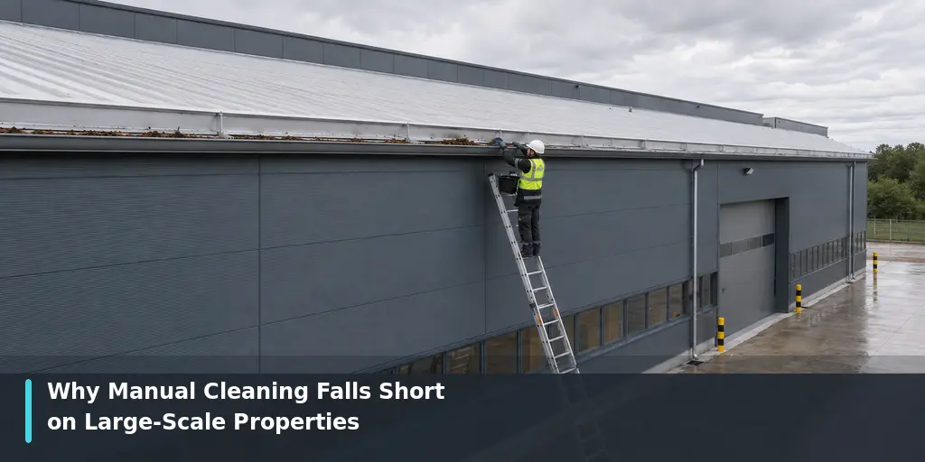 Worker manually cleaning gutters on a large commercial property using a ladder