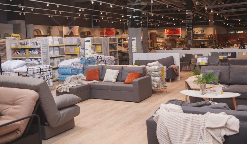 Modern furniture store with a variety of stylish sofas, coffee tables, and home decor items, featuring warm lighting and a cozy ambiance for a comfortable shopping experience furniture