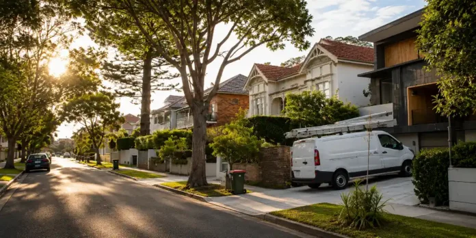 Plumbing service van parked outside residential homes on a suburban street