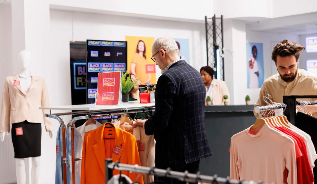 Shoppers browsing clothing racks in a retail store during a Black Friday sale, with promotional signs and mannequins displaying discounted outfits season