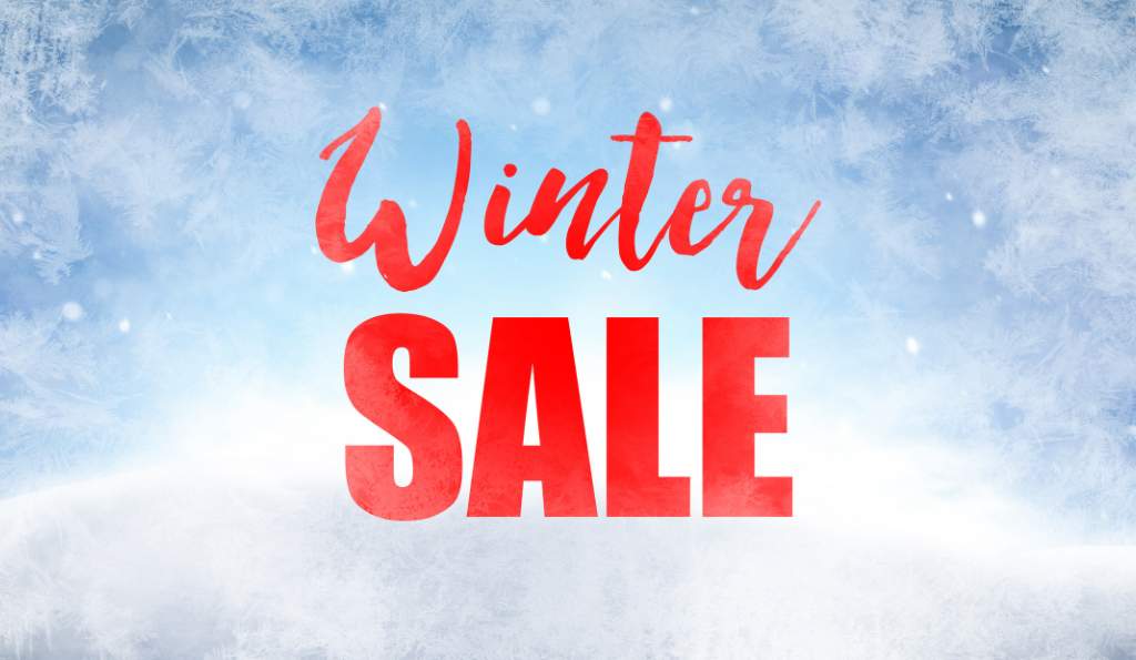 Winter sale promotional banner with red text on a frosty blue and white background with snowflake patterns season